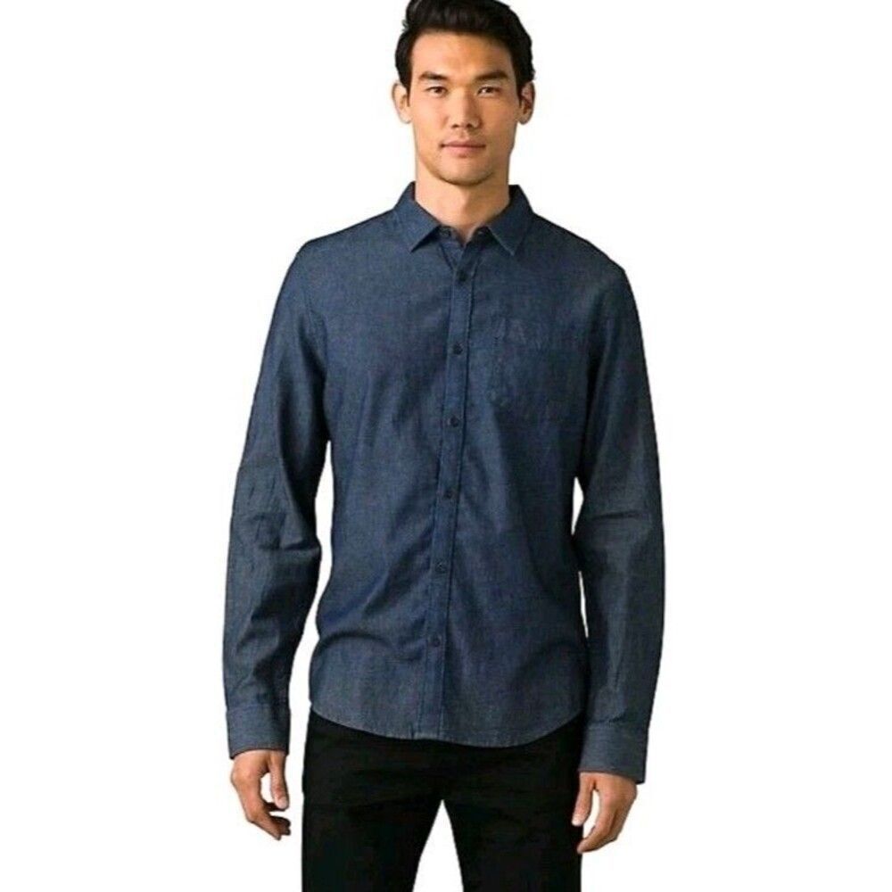 prAna Men's Large Upper Avenue Cotton Denim Shirt Blue Long Sleeve